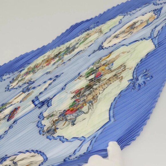 HERMES Pleated Carre 90 Scarf ""LES CHEVAUX DES MOGHOLS"" Silk Blue Auth 135502 - Picture 14 of 16